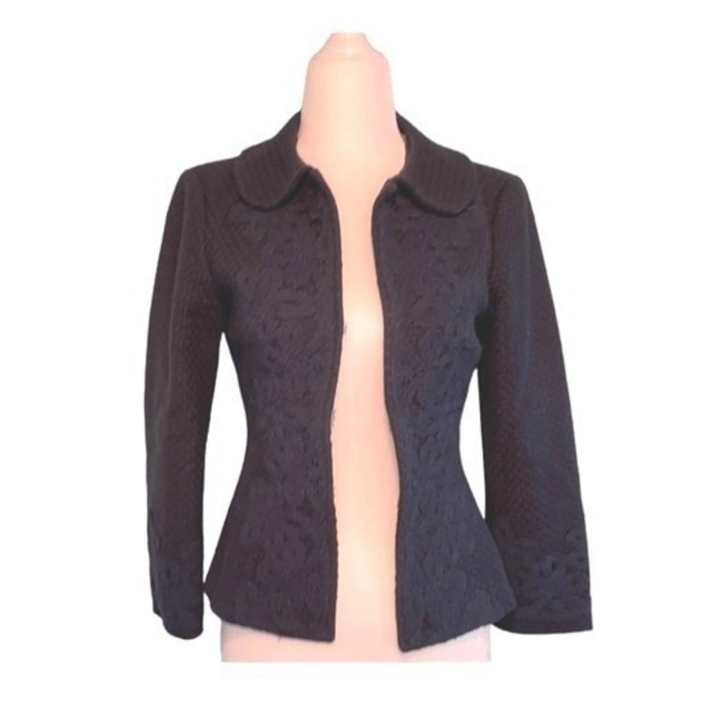Nanette Lepore Lace Embroidered Tweed Blazer Navy Blue Embellishment Fitted 0 - Picture 2 of 11